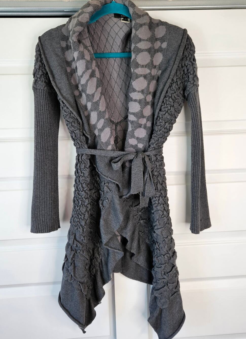 The Cue Cher Qu Gray Wool Blend Long Ruffle Belted Cardigan Sweater - Medium